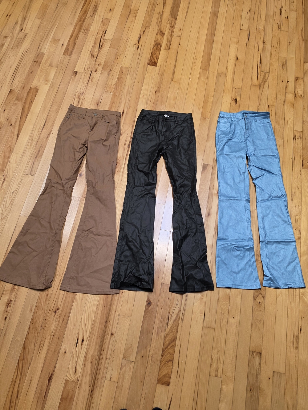 Leather/Wet Look Flared Pants Brown, Black, Blue